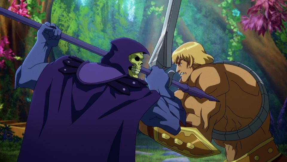 Skeleton and He-Man face off in a still from Masters of the Universe: Revelation.