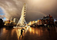 <p>A rainbow over the Nottingham Wheel in the Old Market Square, as Storm Doris reached nearly 90mph on its way to batter Britain, Feb. 23, 2017. (Photo: Neil Squires/PA Wire via ZUMA Press) </p>