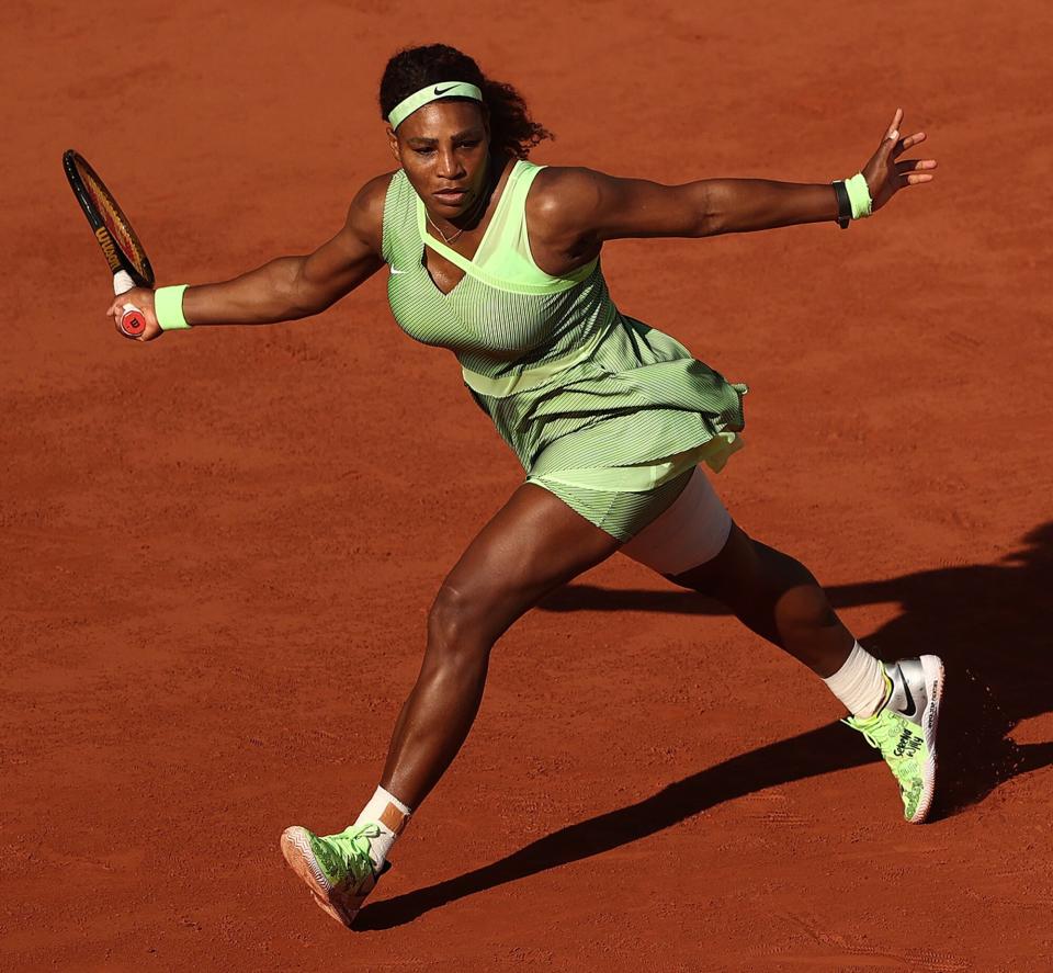 Serena Williams of USA during her Women's Singles fourth round match against Elena Rybakina of Kazakhstan on day eight of the 2021 French Open at Roland Garros on June 06, 2021 in Paris, France