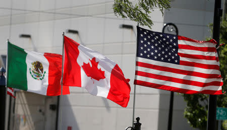 FILE PHOTO: Flags of the U.S., Canada and Mexico fly next to each other in Detroit, Michigan, U.S. August 29, 2018. REUTERS/Rebecca Cook/File Photo