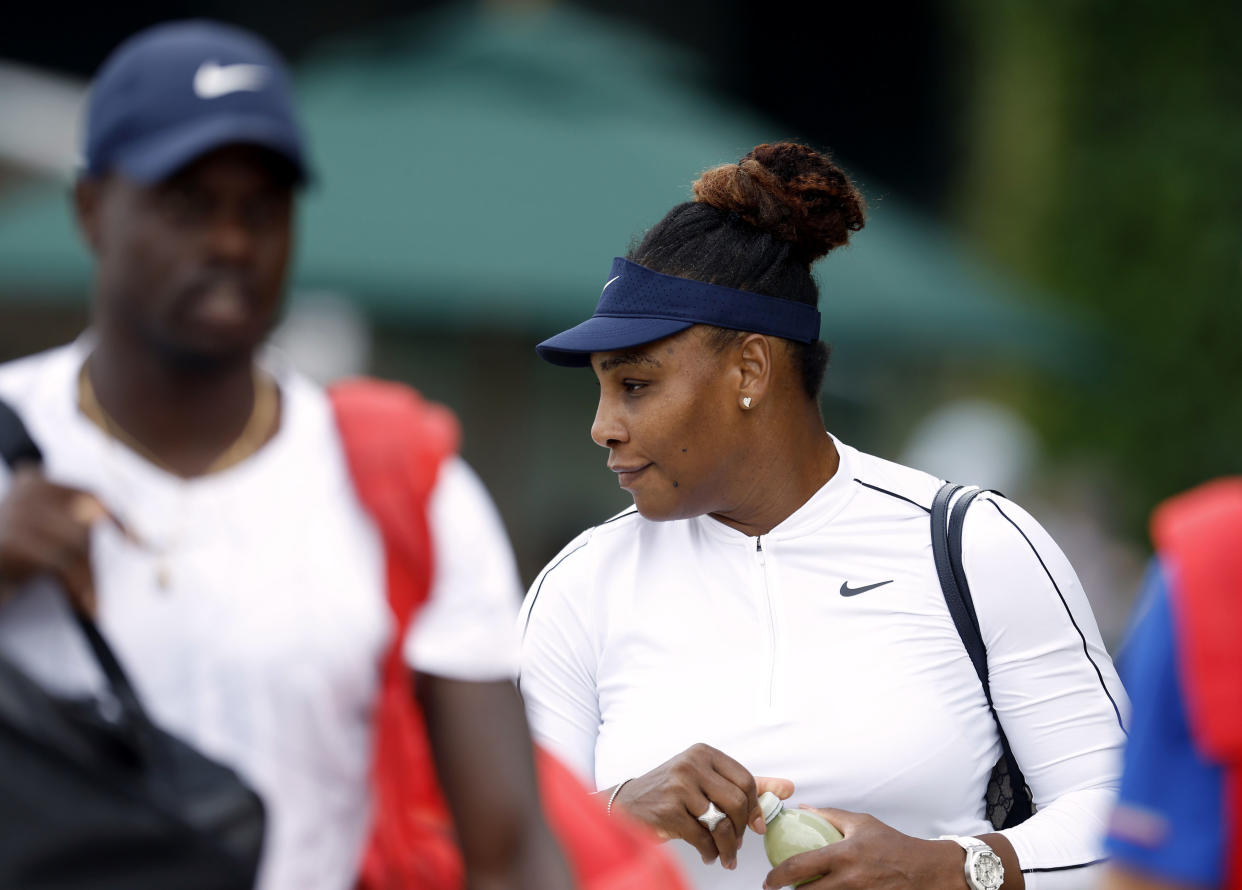 Serena Williams walks to the practice courts ahead of the 2022 Wimbledon Championships at the All England Lawn Tennis and Croquet Club, Wimbledon, england, Thursday June 23, 2022. (Steven Paston/PA via AP)