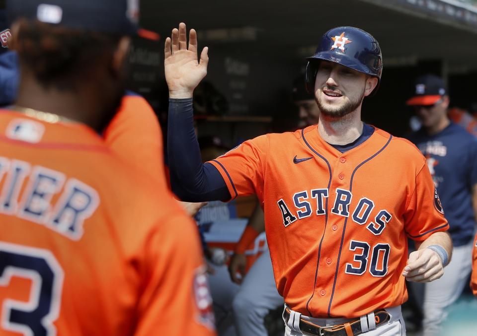 Houston Astros' Kyle Tucker (30) celebrates after hitting a solo home run against the Detroit Tigers during the fourth inning of a baseball game Wednesday, Sept. 14, 2022, in Detroit. (AP Photo/Duane Burleson)