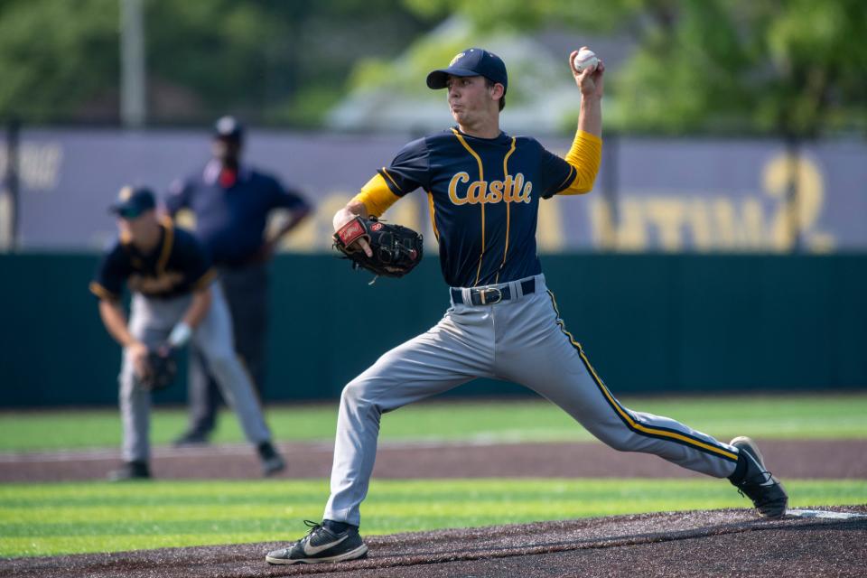 Castle’s Will Coleman (17) pitches as the Castle Knights play the Jeffersonville Red Devils in the 2023 IHSAA Class 4A Baseball Regional championship at Braun Stadium in Evansville, Ind., Saturday, June 3, 2023.