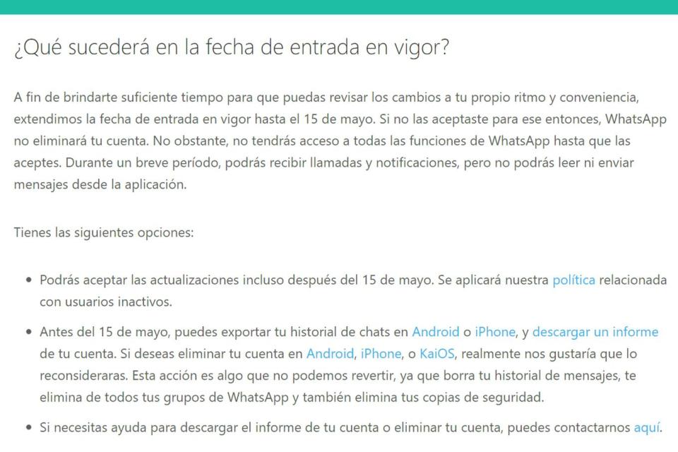 Qué pasará con los usuarios de WhatsApp que no acepen los nuevos términos de uso a partir del 15 de mayo