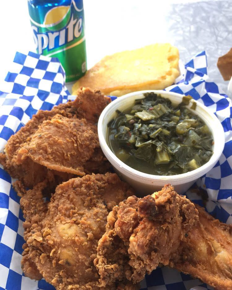 fried chicken, greens, and hot water cornbread from tori's place