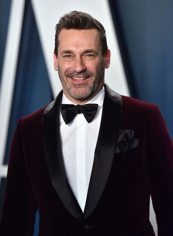 Jon Hamm arrives for the Vanity Fair Oscar party at the Wallis Annenberg Center for the Performing Arts in Beverly Hills, Calif., on February 9, 2020. The actor turns 53 on March 10. File Photo by Chris Chew/UPI