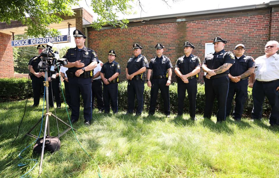 Easton Police Chief Keith Boone speaks at a press conference at the public safety building on Wednesday, July 5, 2023, about the rescue of Emma Tetewsky, 31, of Stoughton, on Monday, July 3, at Borderland State Park by Easton police officers. Tetewsky had been stuck in the mud for upwards of three days.