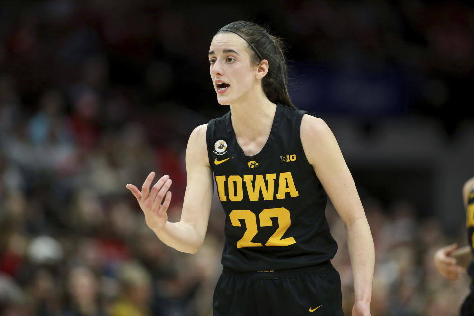 Iowa guard Caitlin Clark reacts as time winds down during the second half of an NCAA college basketball game against Ohio State at Value City Arena in Columbus, Ohio, Monday, Jan. 23, 2023. (AP Photo/Joe Maiorana)