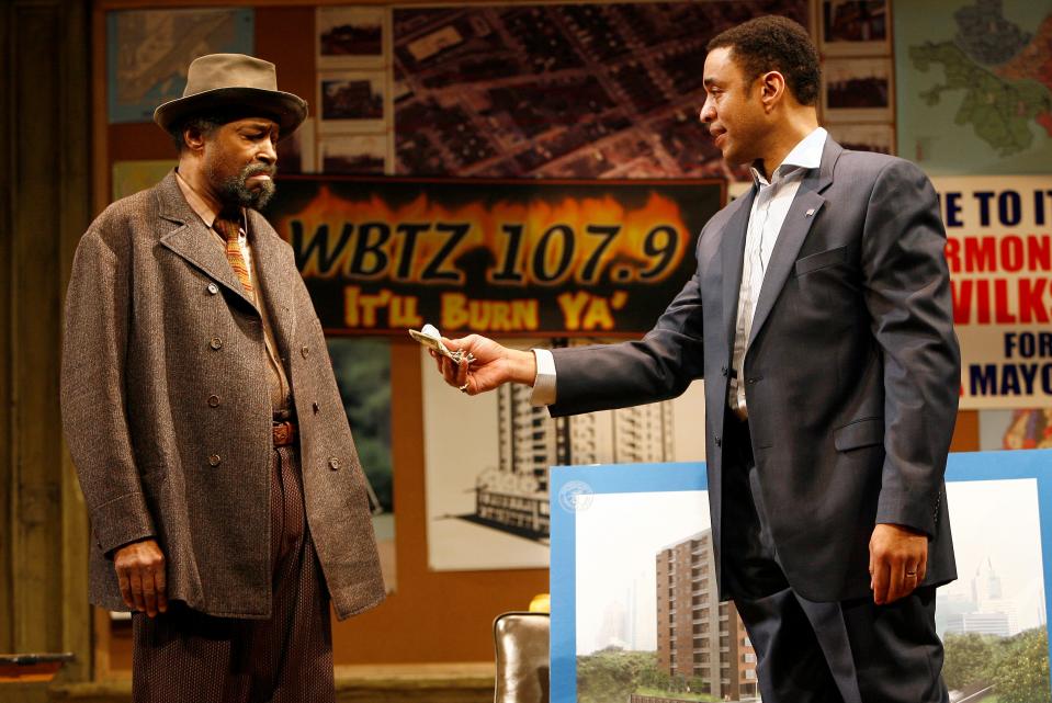 Anthony Chisholm and Harry Lennix perform in a scene from the play "Radio Golf" on April 20, 2007 at the Cort Theatre.