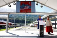 Swiss President Simonetta Sommaruga delivers a speech during the opening ceremony of the newly built Ceneri Base Tunnel near Camorino