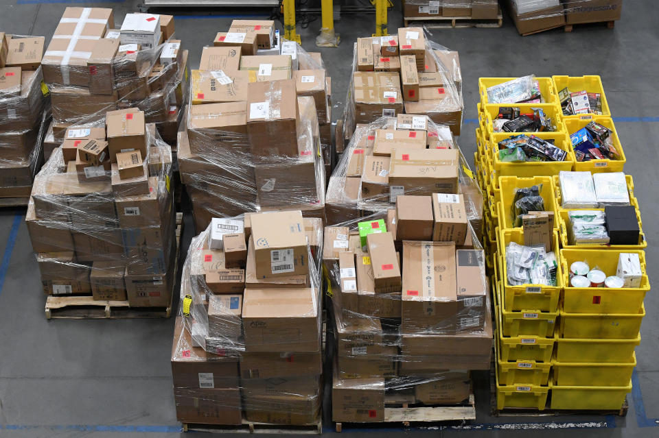 Products in the prep area are seen at the Amazon fulfilment center in Baltimore, Maryland, U.S., April 30, 2019. REUTERS/Clodagh Kilcoyne