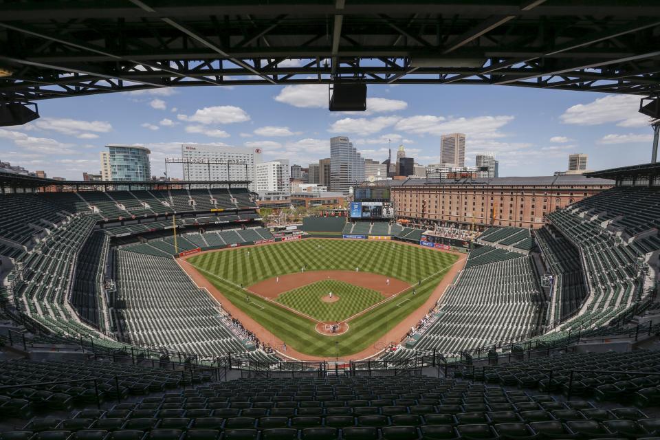 Camden Yards ballpark sits empty of fans during the Baltimore Orioles against Chicago White Sox America League baseball game in Baltimore, Maryland April 29, 2015. In what will be a first for Major League Baseball, the Baltimore Orioles will host the Chicago White Sox on Wednesday in a stadium closed to fans as Baltimore copes with some of the worst U.S. urban rioting in years.REUTERS/Shannon Stapleton