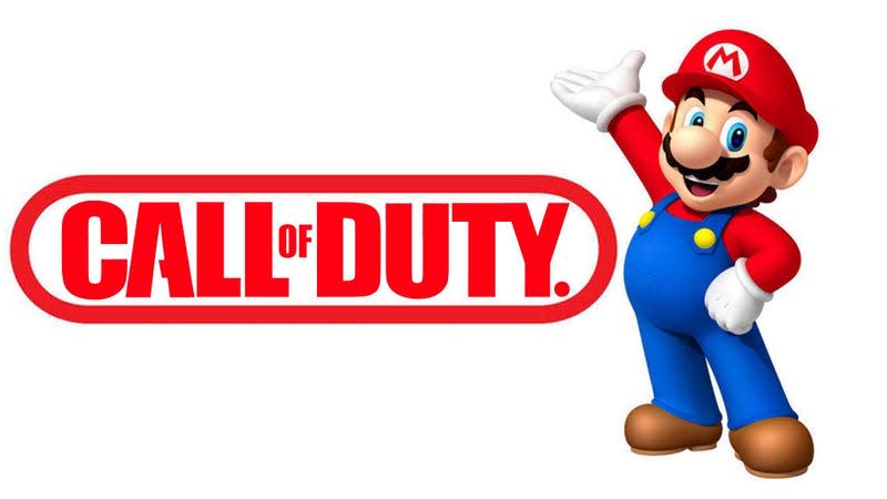 An image of Nintendo's mascot Mario standing next to a red-colored Call of Duty logo.