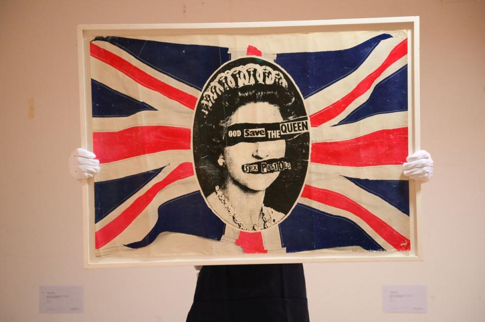 British artist, Jamie Reid’s “God Save the Queen”, promotional poster owned by Sid Vicious, as part of the Stolper-Wilson Collection of Sex Pistols memorabilia, auctioned at Sotheby’ London in 2022 (AFP via Getty Images)
