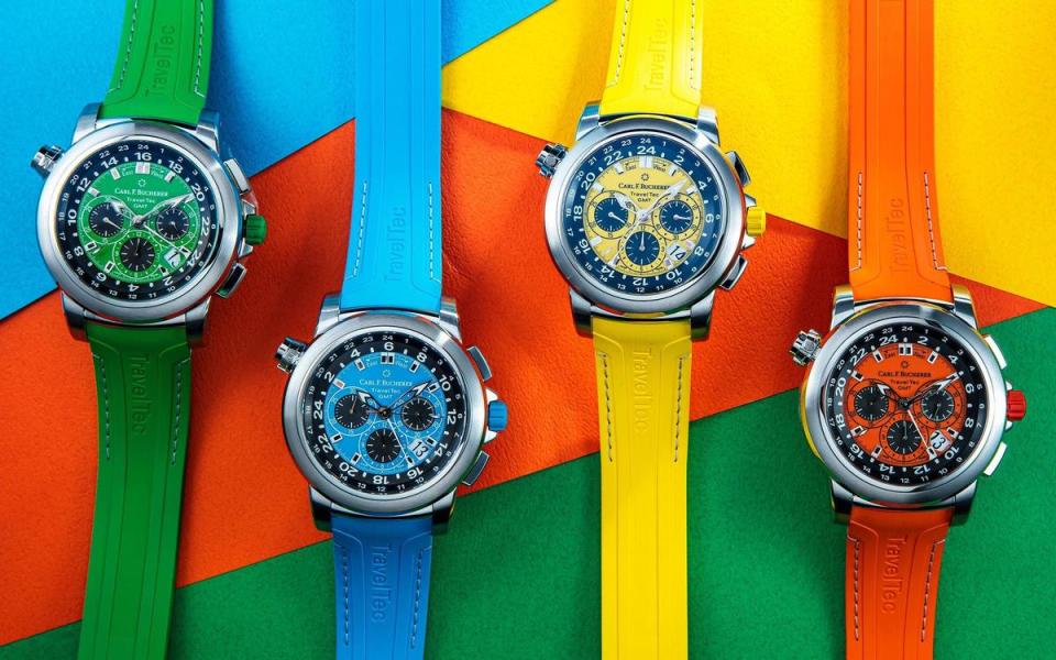 寶齊萊Patravi TravelTec三地時間計時碼錶新款，以四季為主題獻上四種繽紛顏色。定價NT$350,000。