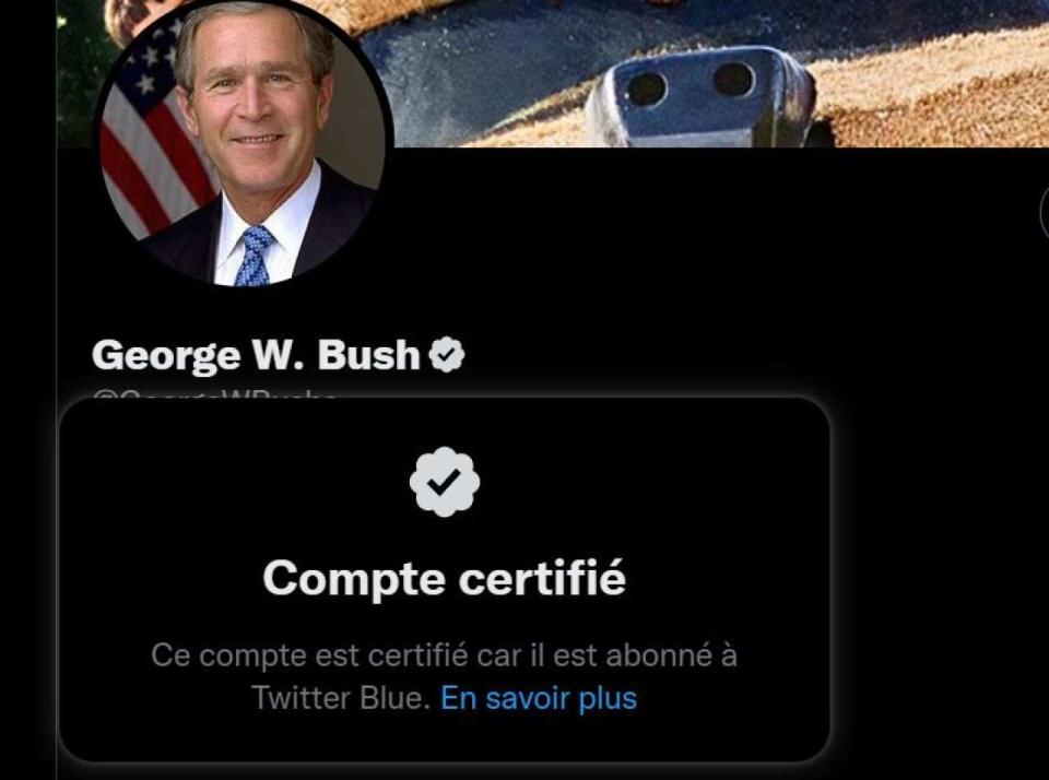 Exemple d’un faux compte Twitter de George W Bush, ayant obtenu une vraie certification en s’abonnant au système Twitter Blue.