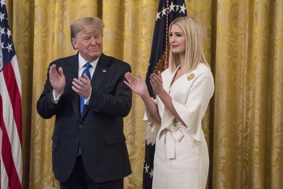 WASHINGTON, DC - JANUARY 31: US President Donald Trump and Senior Advisor to President Trump, Ivanka Trump participate in the "White House Summit on Human Trafficking: The 20th Anniversary of the Trafficking Victims Protection Act of 2000" event in the East Room of the White House on January 31, 2020 in Washington, DC. (Photo by Sarah Silbiger/Getty Images)