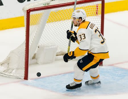 Mar 16, 2019; San Jose, CA, USA; Nashville Predators right wing Viktor Arvidsson (33) scores against the San Jose Sharks on an empty net in the third period at SAP Center at San Jose. Mandatory Credit: John Hefti-USA TODAY Sports