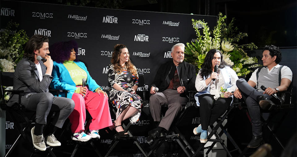 Diego Luna, X Mayo, Tara Hernandez, Henry R. Munoz III, Gloria Calderon Kellett and Gabriel Luna speak onstage at The Hollywood Reporter and Diego Luna's Latinx Creatives Empowerment Lunch in partnership with ZOMOZ Mezcal and Lucasfilm Ltd. at Cantina Frida on May 01, 2023 in Beverly Hills, California.