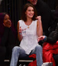 <p>Bella Hadid cheers on at the Lakers v. Knicks game in 2017. </p>