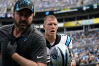 Carolina Panthers running back Christian McCaffrey runs to the locker room during the second half of an NFL football game against the New Orleans Saints Sunday, Sept. 19, 2021, in Charlotte, N.C. (AP Photo/Jacob Kupferman)