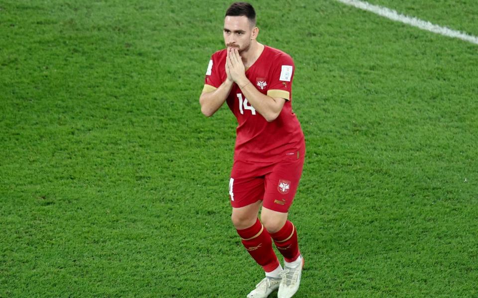 Serbia's Andrija Zivkovic reacts after shooting at goal and hitting the post - REUTERS