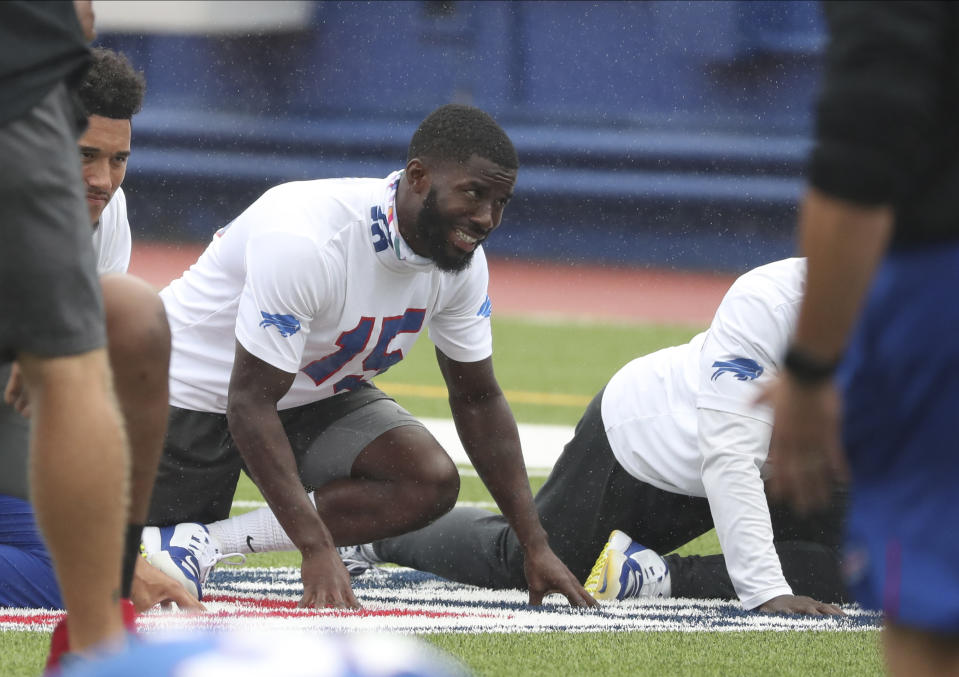 Buffalo Bills wide receiver John Brown (15) stretches in warm-ups at practice at Bills Stadium in Orchard Park, N.Y., Wednesday, Sept. 2, 2020. (James P. McCoy/The Buffalo News via AP, Pool)