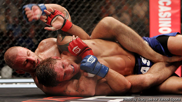 Tarec Saffiedine tries to submit Roger Bowling during the Strikeforce event at Valley View Casino Center on August 18, 2012 in San Diego, California.
