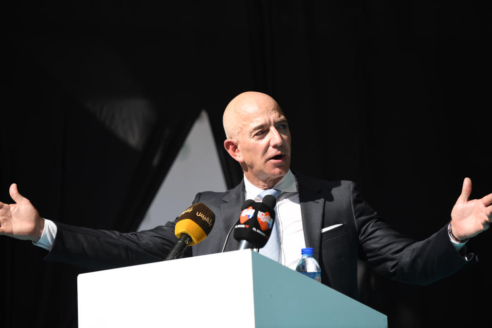 CEO of Amazon and Washington Post owner Jeff Bezos speaks during an event marking the one-year anniversary of the assassination of Saudi dissident journalist Jamal Khashoggi in Istanbul, on October 2, 2019. - Khashoggi, a Washington Post columnist, was killed and dismembered at the Saudi consulate in Istanbul on October 2, 2018, in an operation that reportedly involved 15 agents sent from Riyadh. His remains have not been found. (Photo by BULENT KILIC / AFP) (Photo by BULENT KILIC/AFP via Getty Images)