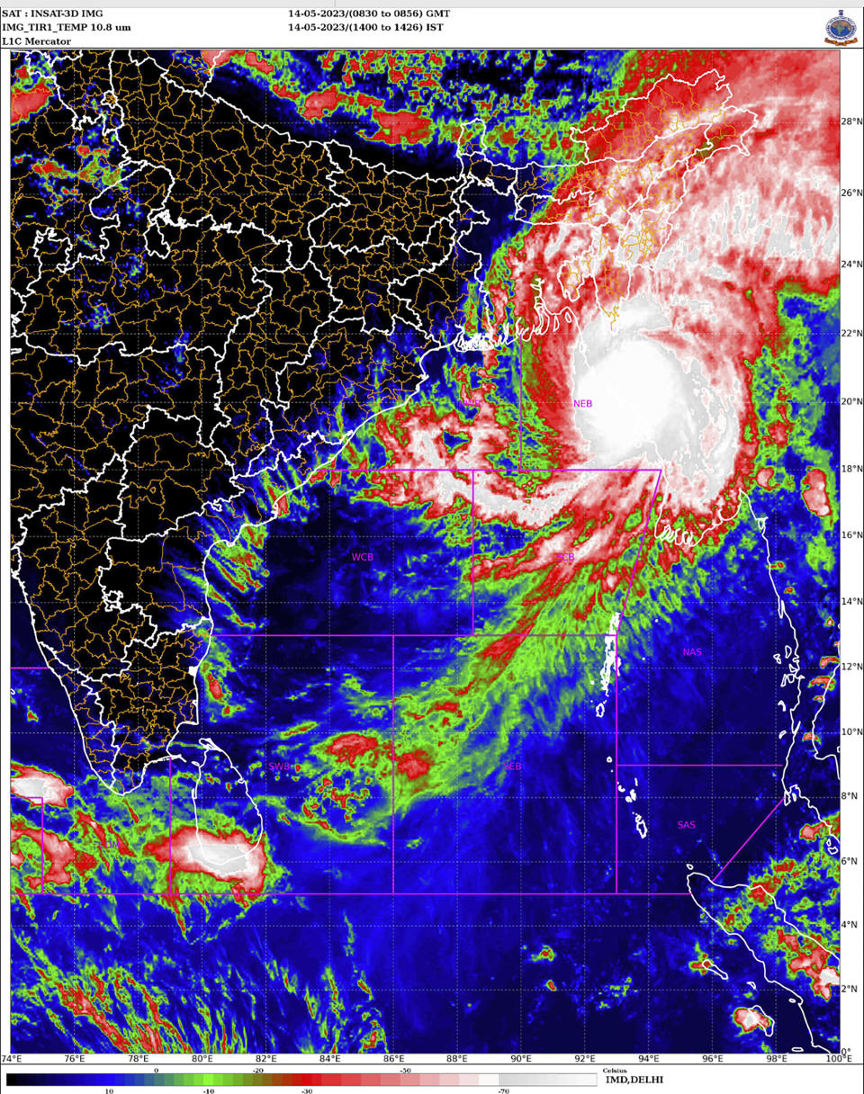 This satellite image provided by India Meteorological Department shows storm Mocha intensify into a severe cyclonic storm. Bangladesh and Myanmar braced Sunday as a severe cyclone started to hit coastal areas and authorities urged thousands of people in both countries to seek shelter. (India Meteorological Department via AP)