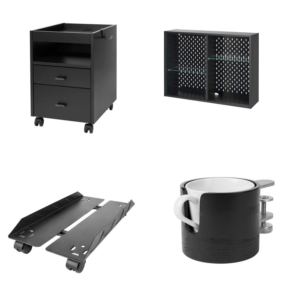 (Clockwise from top left) UPPSPEL drawer unit on castors (S$169), UPPSPEL glass-door cabinet (S$129), LÅNESPELARE mug holder (S$15) and UPPSPEL CPU stand with castors (S$29.90). (Photos: IKEA Singapore)