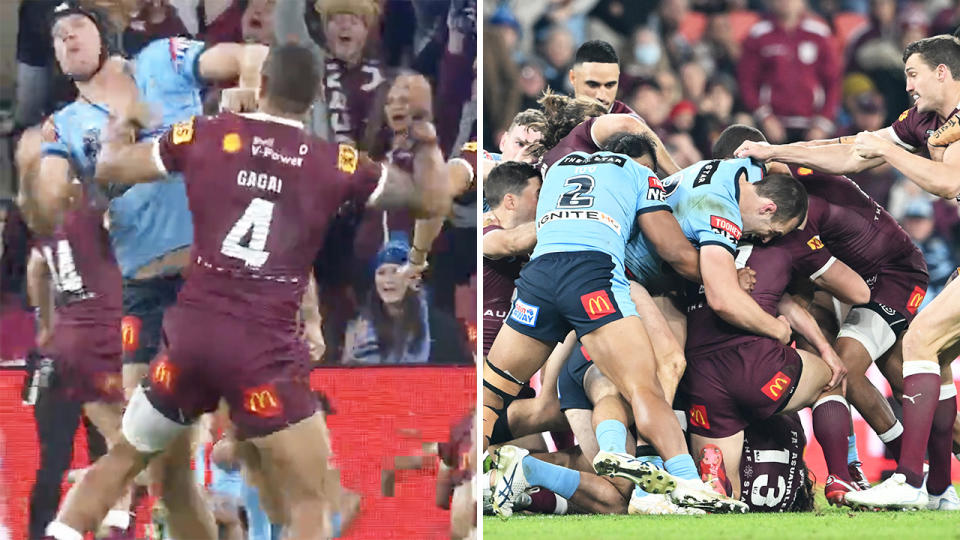 Dane Gagai and Matt Burton throw punches at one another on the left, with their brawl becoming a pile-on in the image to the right.