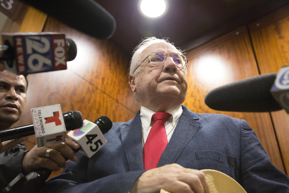 Allen Isbell, defense attorney of Robert Solis, speaks to the press regarding to Solis' capital murder of a police officer case on Monday, Sept. 30, 2019, in Houston. Solis, 47, who is accussed in the shooting death of Harris County Deputy Sandeep Dhaliwal, appeared to Judge Chris Morton at the Harris County Criminal Courthouse. (Yi-Chin Lee/Houston Chronicle via AP)