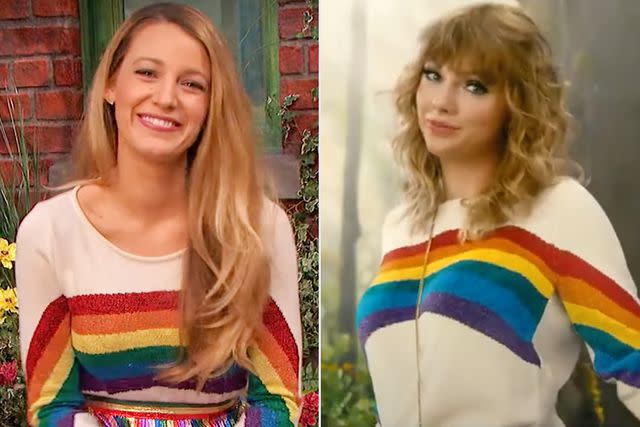 <p>Sesame Street/ Youtube; Metro/ Youtube</p> Blake Lively and Taylor Swift wearing a Marc Jacobs rainbow sweater