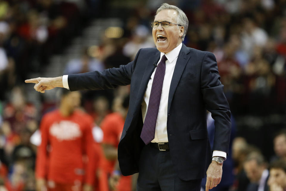 Houston Rockets head coach Mike D'Antoni yells from the sideline during the first half of an NBA basketball game against the New Orleans Pelicans, Sunday, Feb. 2, 2020, in Houston. (AP Photo/Eric Christian Smith)