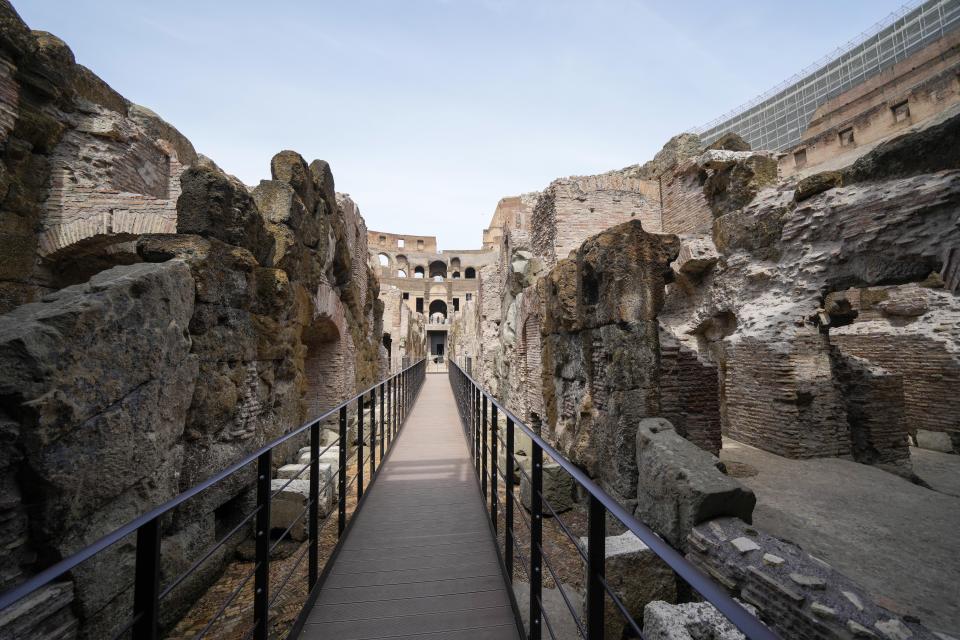 A view of the newly restored lower level of the Colosseum, in Rome, Friday, June 25, 2021. After 2-and-1/2 years of work to shore up the Colosseum’s underground passages, tourists will be able to go down and wander through part of what what had been the ancient arena’s “backstage.” (AP Photo/Andrew Medichini)