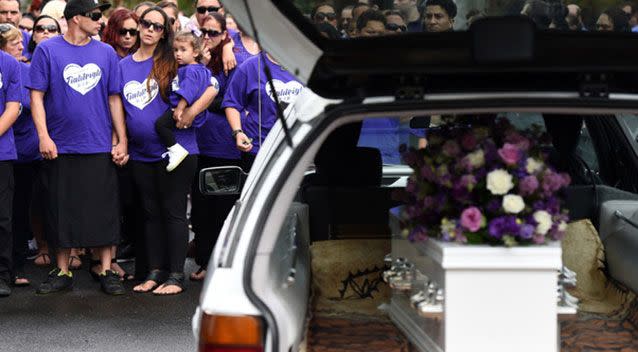 The tiny white coffin at the funeral today was surrounded by family and friends. Source: AAP.