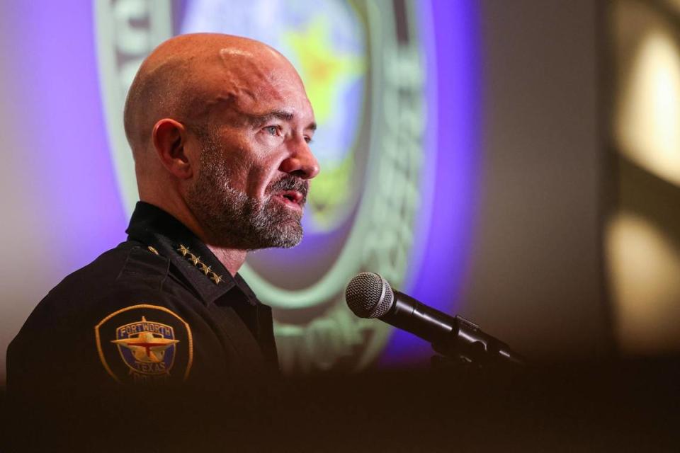Fort Worth Police Department Chief Neil Noakes speaks with the media during a press conference on Tuesday, July 11, 2023, concerning the investigation after an officer and an arson investigator shot and killed two men last week. Police are still investigating whether the officers or others fired shots that injured at least four other people at the scene.