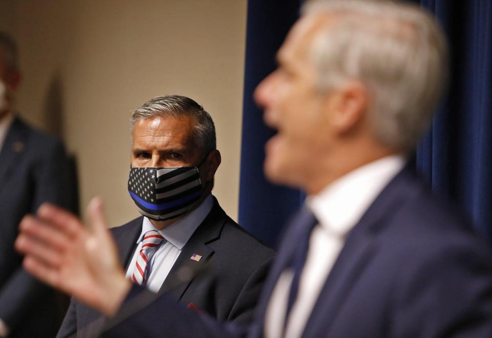 U.S.attorney David M. DeVillers and left Chris Hoffman, FBI Special Agent in charge, talk about the corruption charges against Ohio House Speaker Larry Householder at the U. S. Attorney's office in Columbus July 21, 2020.