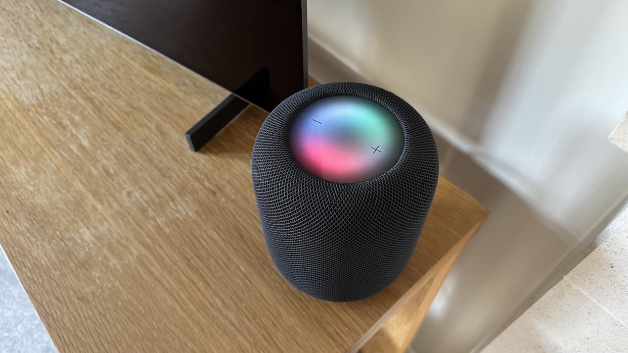  Apple HomePod 2 from above on a TV cabinet. 