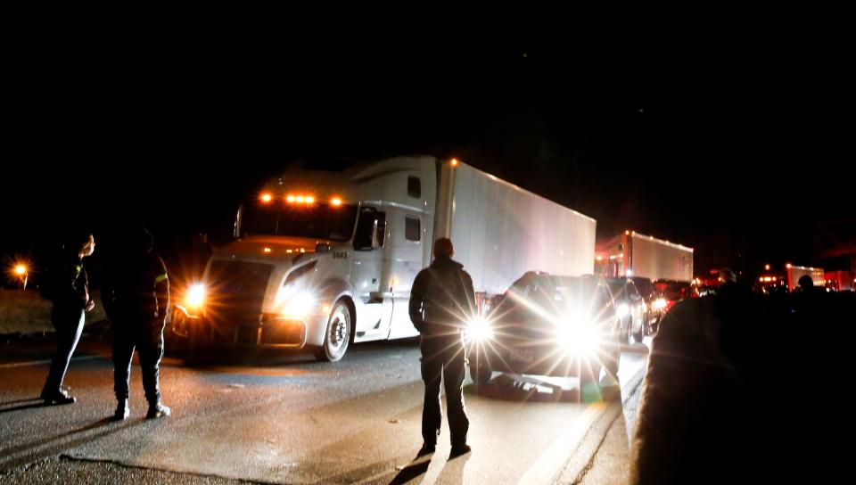 Demonstrators block traffic on I-55 at the Memphis-Arkansas Bridge as they protest the killing of Tyre Nichols on Friday, Jan. 27, 2023, in Memphis, Tenn. 