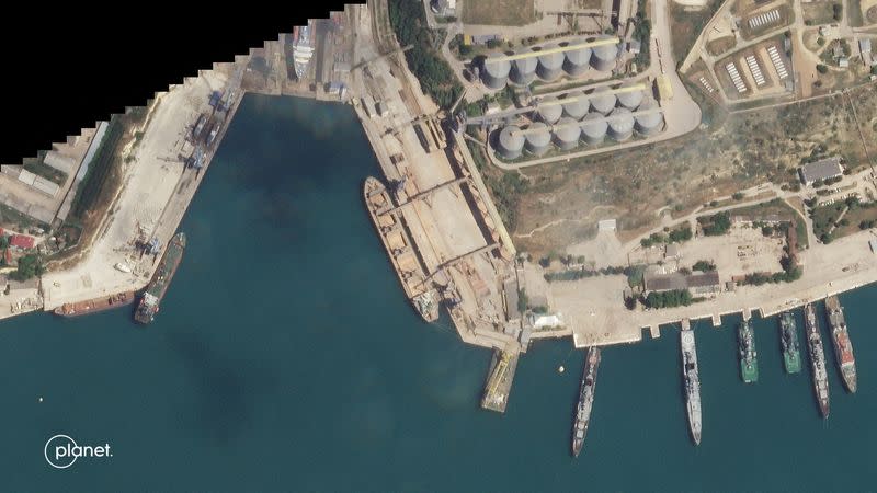 A satellite image from Planet Labs PBC shows the Russian-flagged Mikhail Nenashev at the Avlita grain terminal in Sevastopol