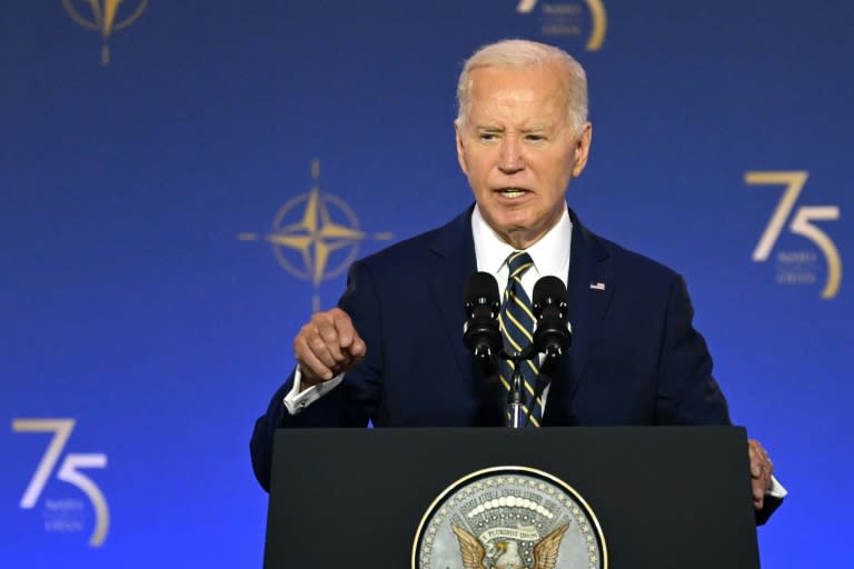 El presidente estadounidense Joe Biden pronuncia un discurso durante la ceremonia del 75 aniversario de la OTAN, el 9 de julio de 2024 en Washington (SAUL LOEB)