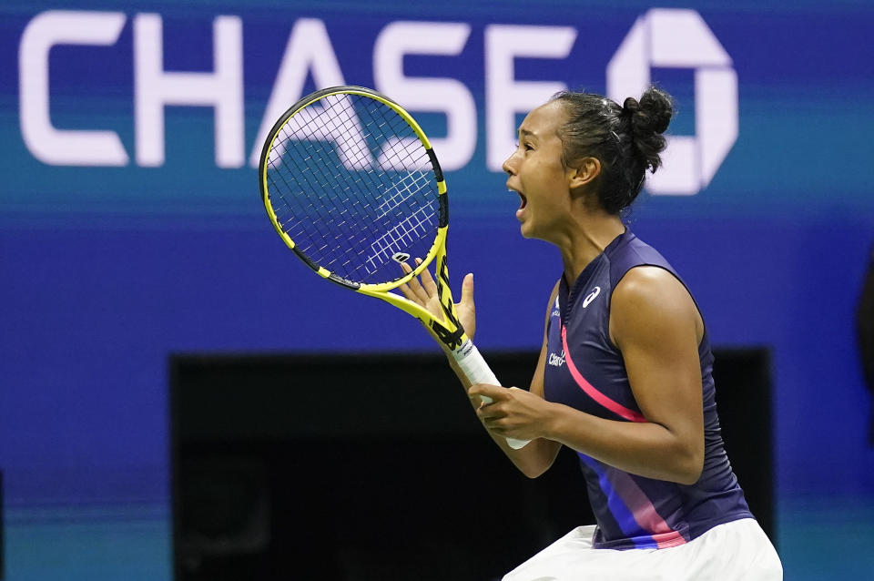 Leylah Fernandez, of Canada, reacts after defeating Aryna Sabalenka,of Belarus, during the semifinals of the US Open tennis championships, Thursday, Sept. 9, 2021, in New York. (AP Photo/Seth Wenig)