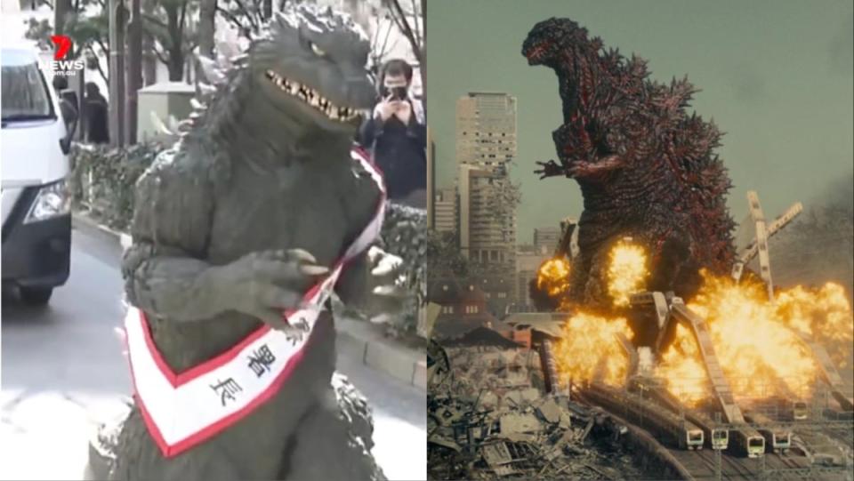 Police chief godzilla and godzilla crushing buildings