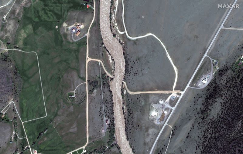 Satellite imagery of flooding and damage near Yellowstone National Park