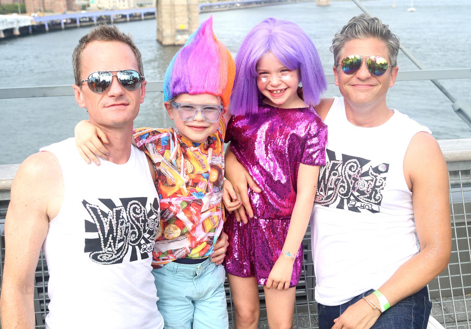 NEW YORK, NY-SEPTEMBER 1:(EXCLUSIVE COVERAGE) "Wigstock" Producer Neil Patrick Harris, son Gideon Scott Burtka-Harris, daughter Harper Grace Burtka-Harris and husband David Burtka pose backstage at "Wigstock 2.HO" at The Pier 17 Rooftop on September 1, 2018 in New York City (Photo by Bruce Glikas/Getty Images)