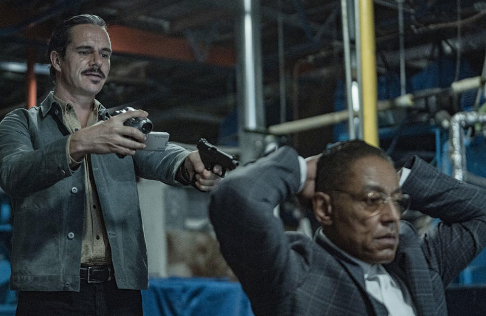 Giancarlo Esposito as Gus Fring (right) and Tony Dalton as Lalo Salamanca in Better Call Saul - Credit: Courtesy of Greg Lewis/AMC/Sony Pictures Television