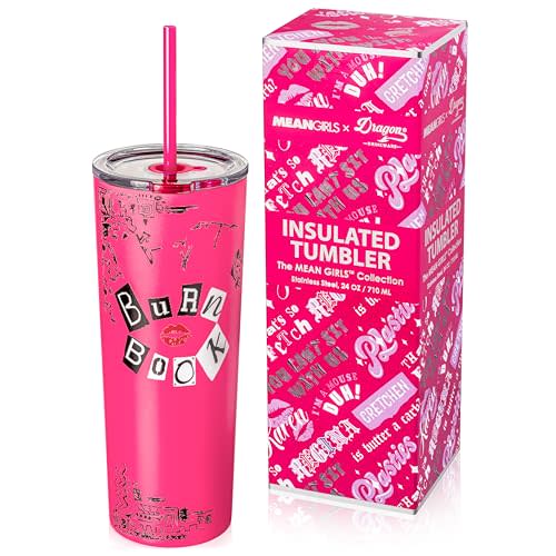 Dragon Glassware x Mean Girls Burn Book Tumbler, Stainless Steel Vacuum Insulated Travel Cup, Comes with Lid, Pink & Clear Straws, Keeps Hot Or Cold, Dishwasher Safe, Fits in Cup Holders, 24 oz