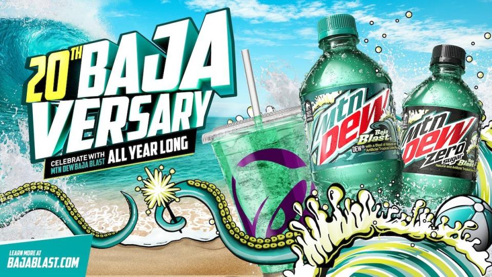 A promo for Baja Blast with bottles, a cup, and an octopus and beach theme with promo writing for the Bajaversary